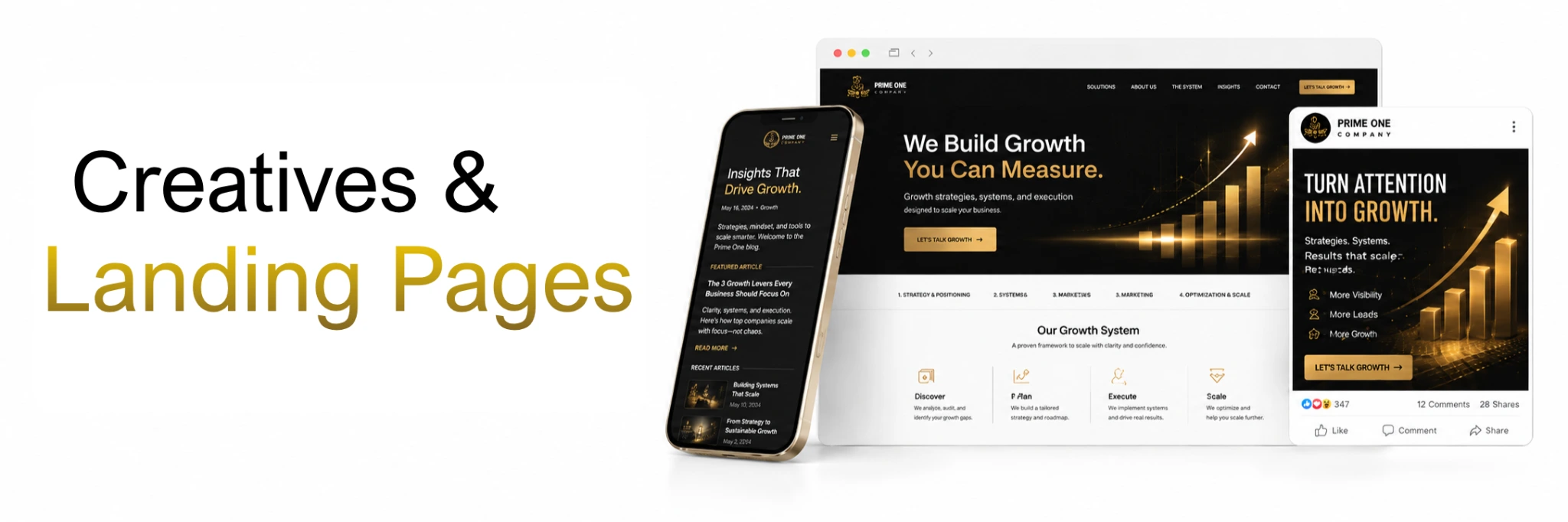 Creatives and Landing Pages website, mobile content and social creative mockups